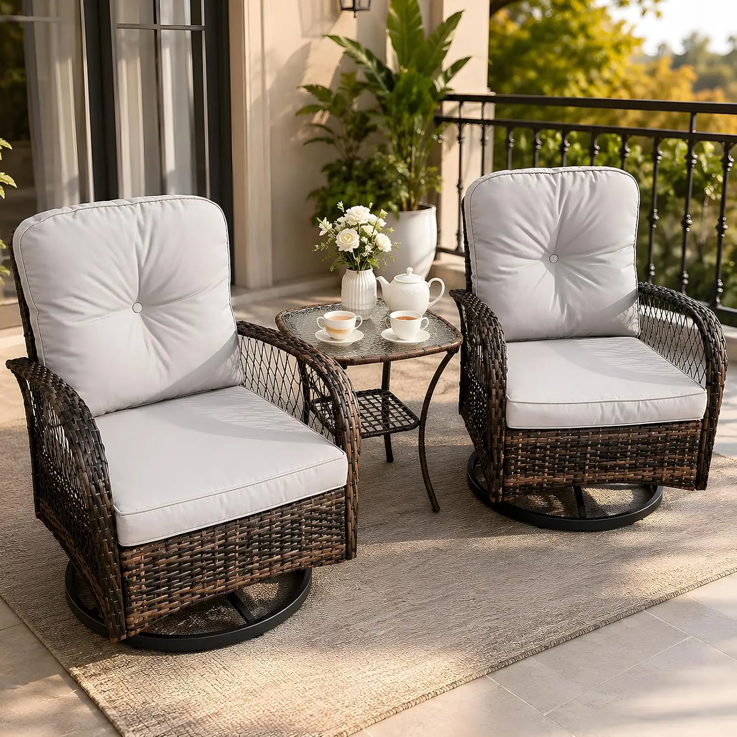 Wicker Patio Furniture Set Swivel Rocker Chairs & Side Table, Outdoor Bistro Set with Cushions for Porch Deck, Customized
