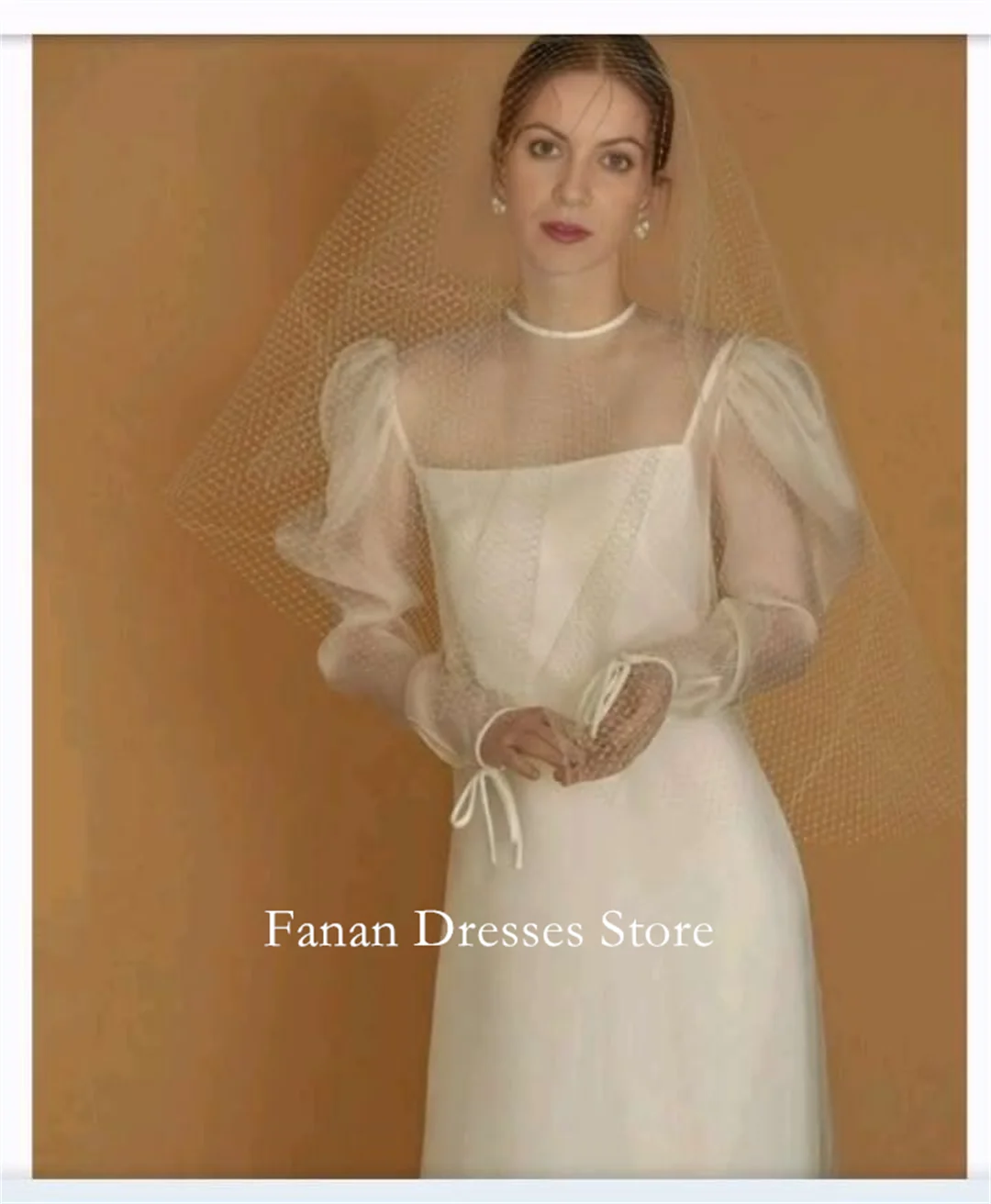 FANAN Korea A-Line Floor Length High Neck Bride Dresses Organza Long Sleeves Wedding Dresses 웨딩드레스 Ivory Customized Pretty