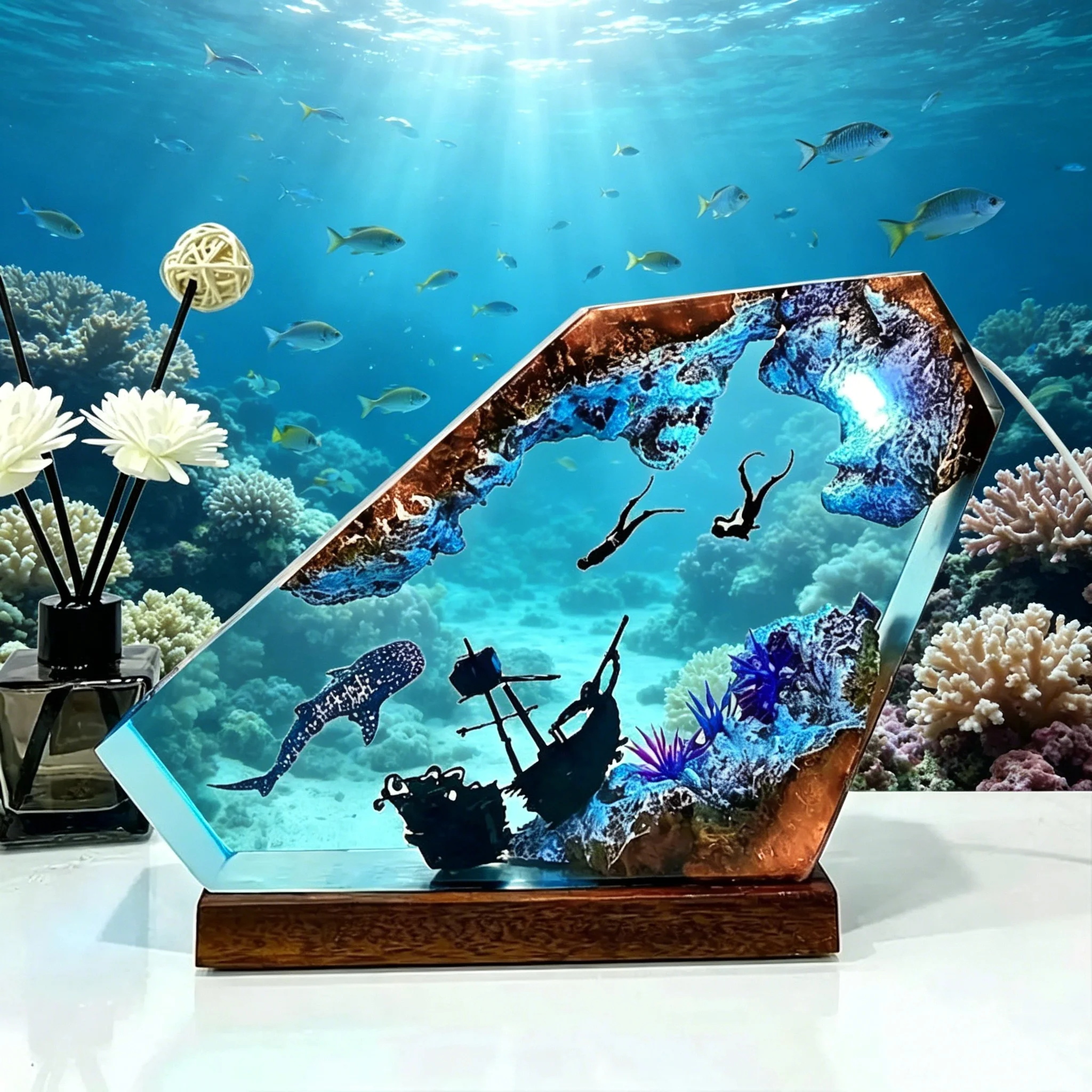 Ocean Whale Shark Diver Shipwreck Dragon Ship LED Night Light lamp Collection Model Statue Home Room Decor desktop Ornament Gift