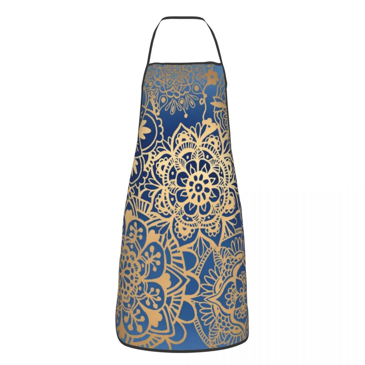 Custom Funny Blue Gold Mandala Bib Apron  Unisex Kitchen Chef Buddhism Flower Tablier Cuisine for Cooking Baking Gardening