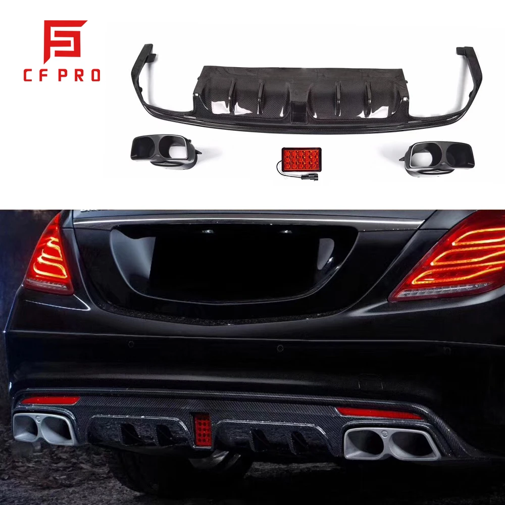 Car Rear Bumper Carbon Fiber Diffuser Lip Fins Spoiler With Brake Light For Mercedes Benz S Class S63 W222 Accessories