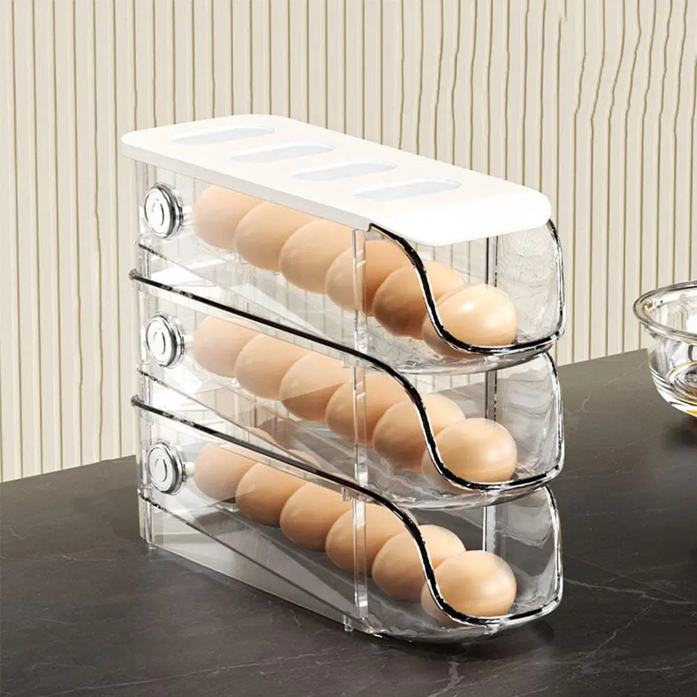 Clear Egg Tray Organizer for Refrigerator Egg Holder Auto-Scrolling Egg Storage Container Dispenser for Refridge with Lid