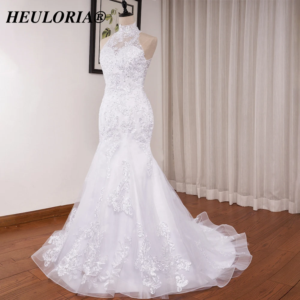 HEULORIA mermaid wedding dress high neck lace beading bride dress long train Robe de mariage