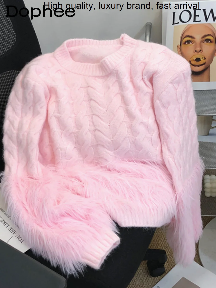 Twist Plush พู่สีชมพูหวานสำหรับผู้หญิง2023ฤดูใบไม้ร่วงใหม่ฤดูหนาวหนาออกแบบ Pullover ถักเสื้อกันหนาว Top