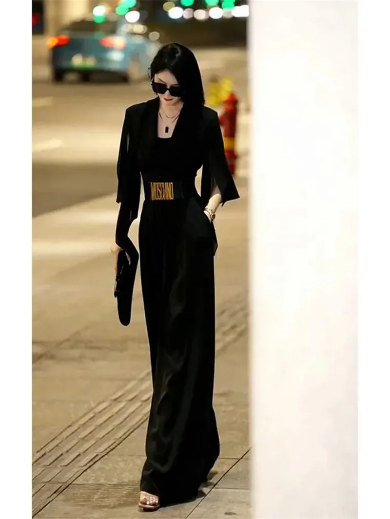 2025 verão fino ajuste moda explosiva rua high-end temperamento deusa fã em forma de pêra cintura cinched macacão para mulher