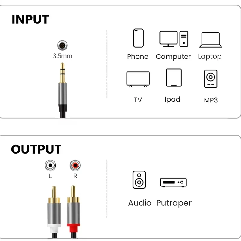 3.5mm to RCA Cable 3.5mm Aux to 2 RCA Adapter RCA Audio Cable 24K Gold Plated Male to Male Stereo Aux Cord for Stereo Speaker