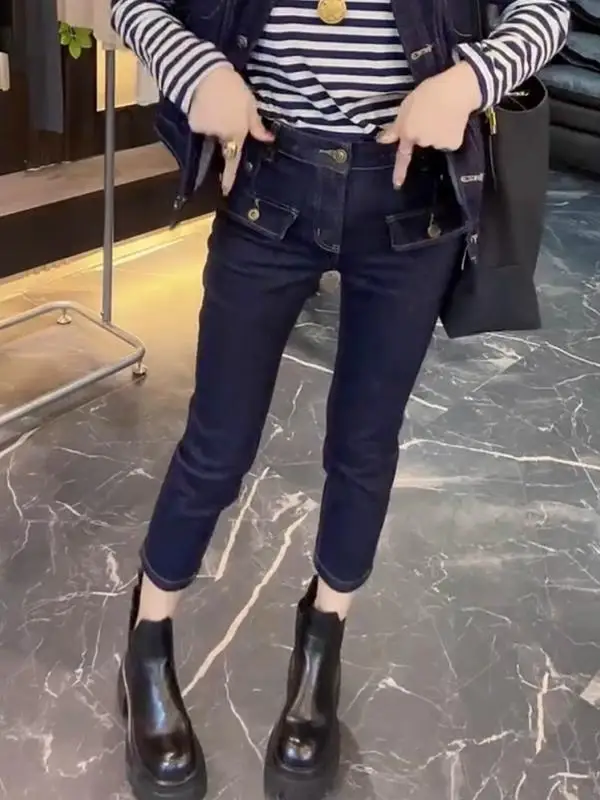 

Deep Blue High Waist Straight Leg Denim Jeans Women's Spring Autumn New Sle Slimming Pencil Pants Elastic Stretchy Small Size