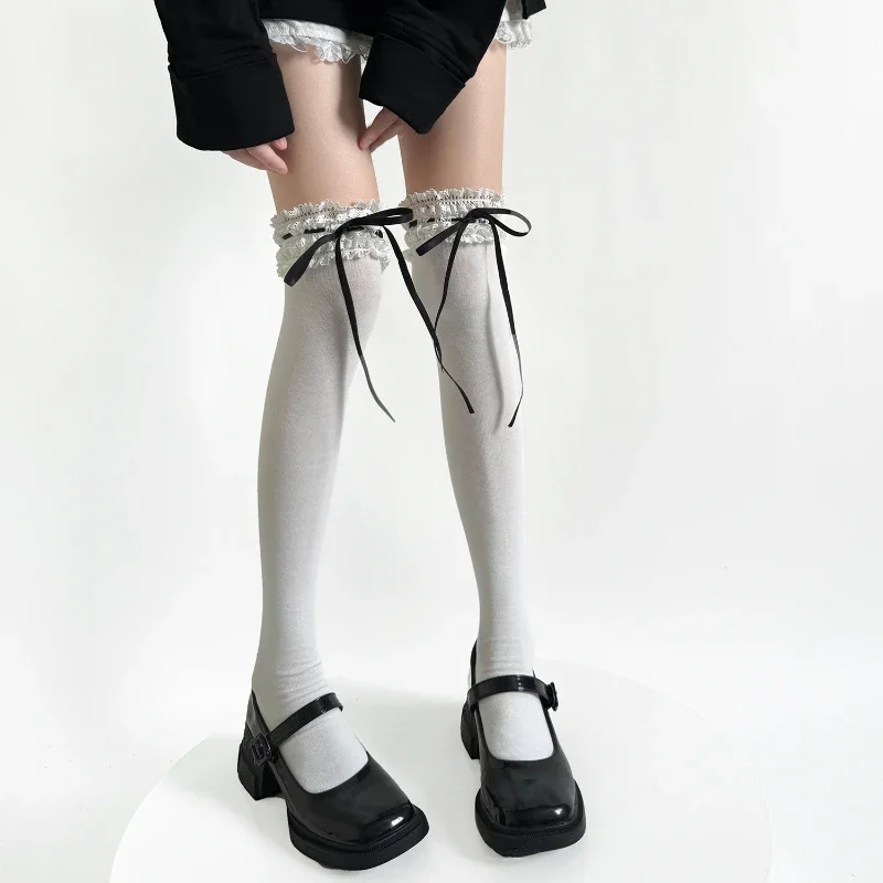 Sweet Girls Long Socks Stockings Women Bandage Ribbon Bow Knee High Socks Thigh High Stockings Lolita Lace Ruffle Socks Stocking
