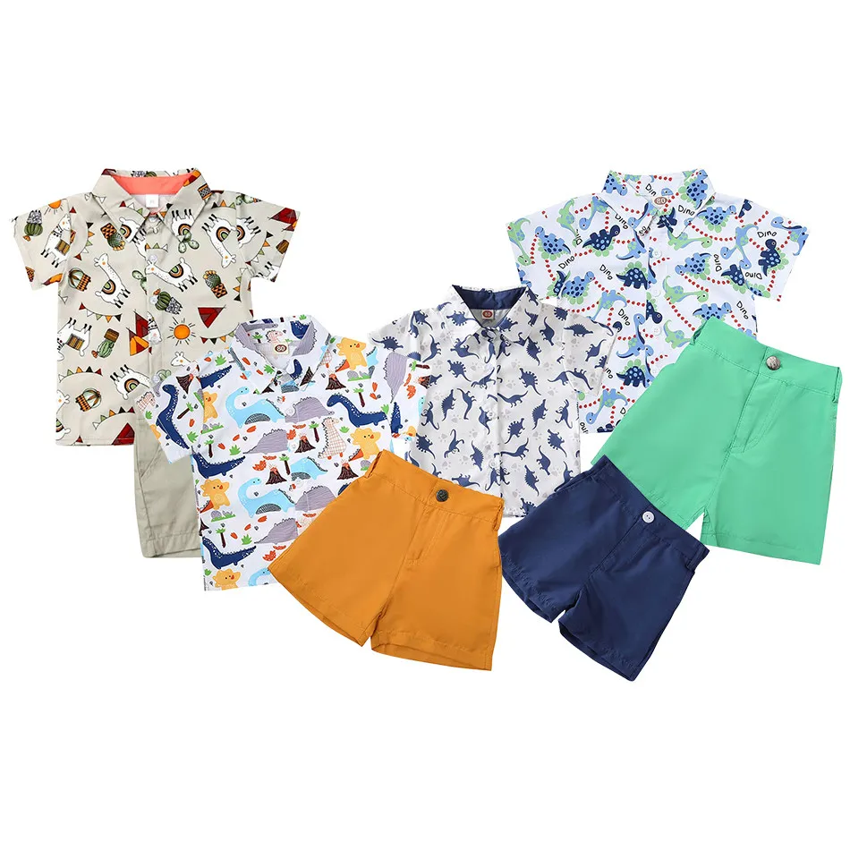 Boys Summer Casual Set Children Fashion Set Children Printed Top+Solid Color Shorts Two-Piece Set Children Minimalist Lapel Set