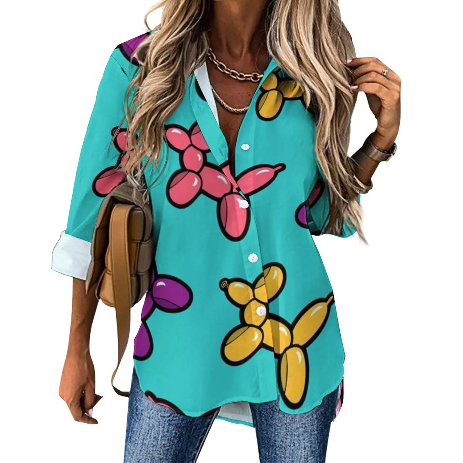 

Balloon Animal Blouse Women Colorful Dogs Print Fashion Loose Blouses Summer Long Sleeve Vintage Shirt Pattern Top Big Size