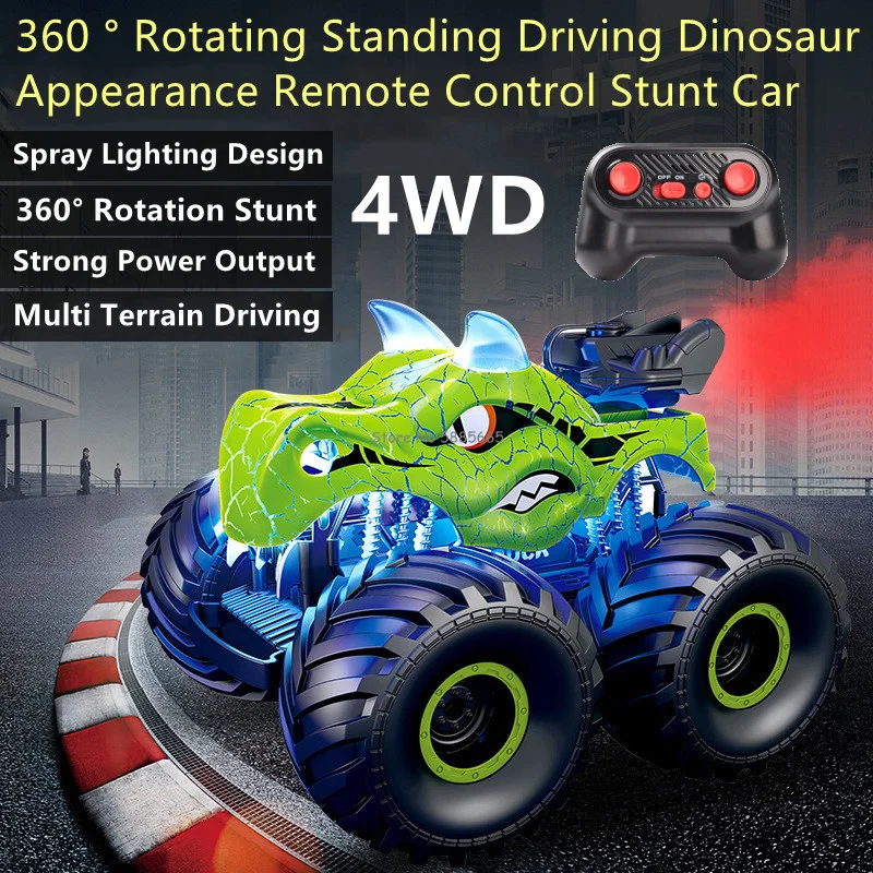 Multi Terrain Off-Road Simulation Dinosaur Design RC Truck 4WD One Click Spray Lighting Standing Driving Radio Control Stunt Car