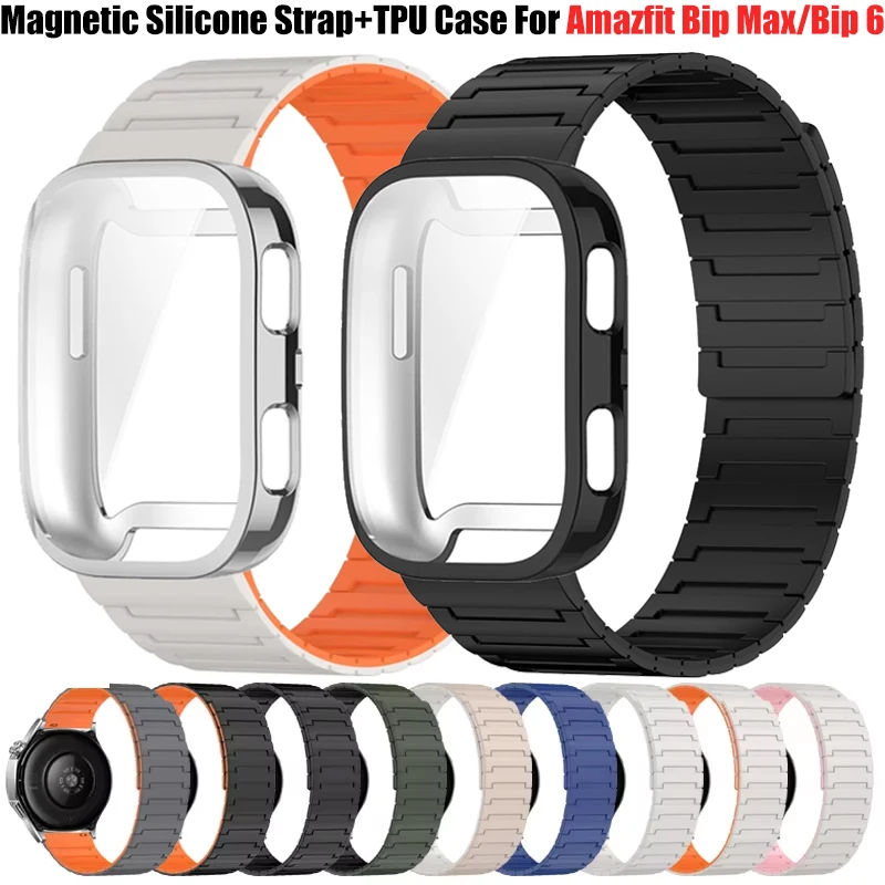 Hülle + magnetisches Armband für Amazfit Bip 6 Band, TPU-Softcase, Displayschutzfolie für Amazfit Bip Max, weiches Silikon-Sportarmband Correa