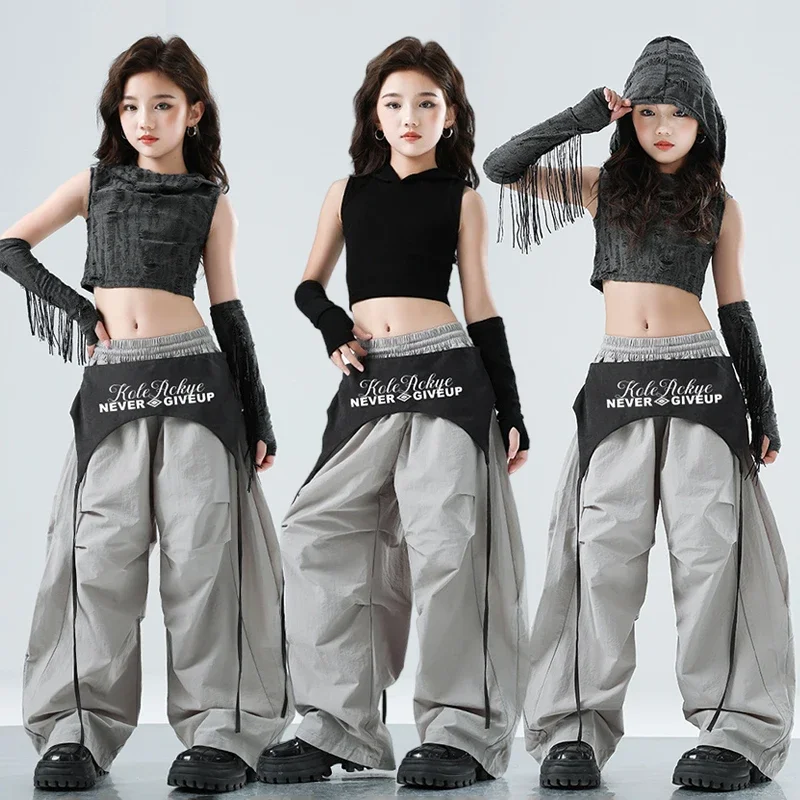 

Jazz Dance Costume Girls Kpop Fashion Clothes Crop Top Hoodie Gray Line Dance Pants Model Performance Suit Kids Street Wear
