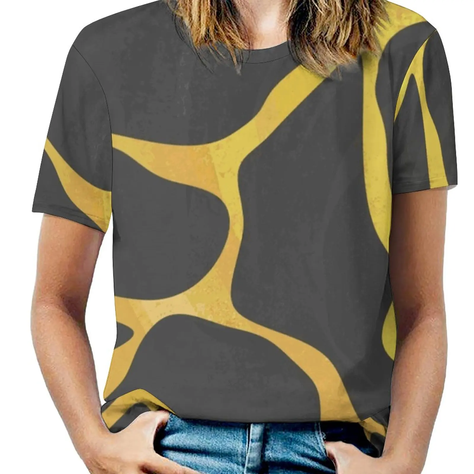 Giraffe Black And Yellow Print Woman'S T-Shirt Spring And Summer Printed T Shirts Crew Neck Pullover Top Giraffe Spots Spots