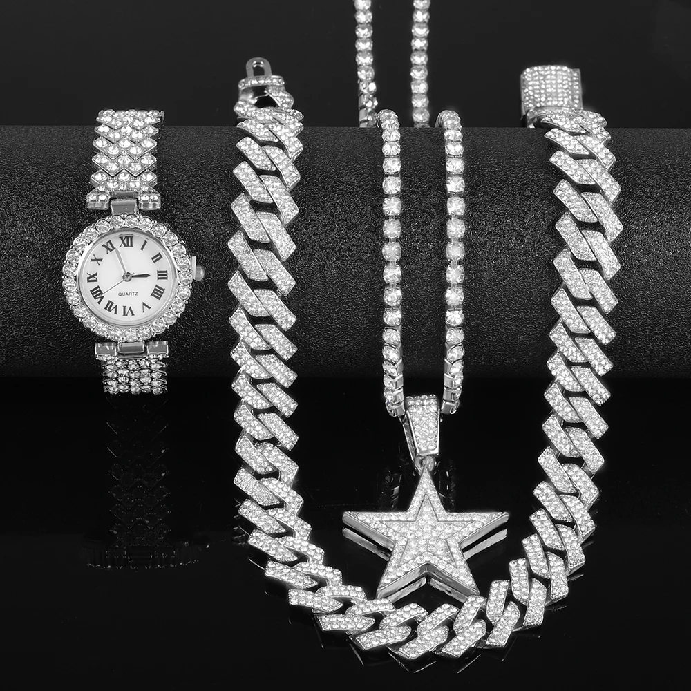 Women Hip-hop Punk Silver Watch Set Stylish Inlaid Diamonds Star Pendant Tennis Necklace Watch Cuban Chain Luxury Jewelry Gift