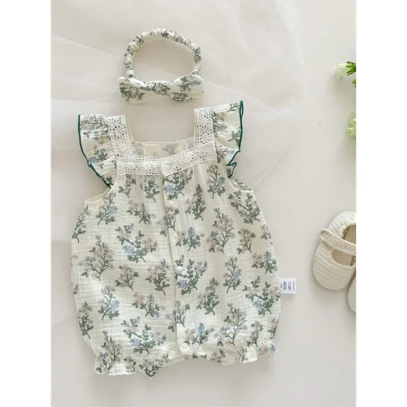 

Новинка 2023 года, летние детские комбинезоны, милый зеленый комбинезон с цветочным принтом и повязкой для волос, верхняя одежда для младенцев