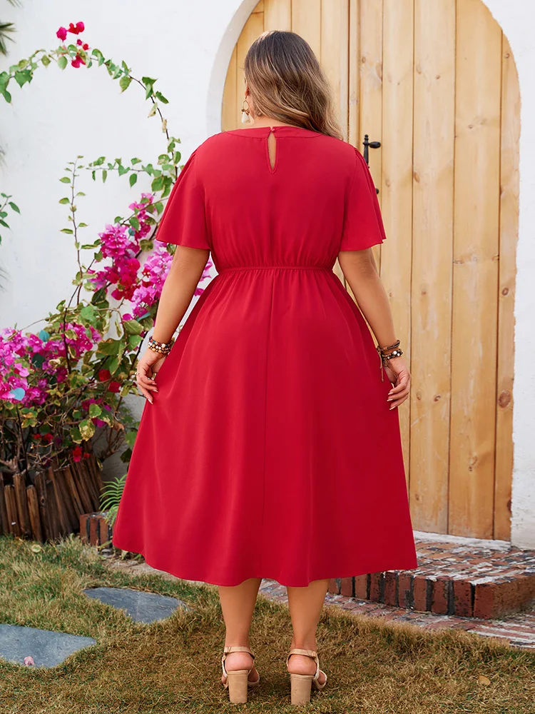 GIBSIE Plus Size Solid Cutout O-Neck Short Sleeve Dress 2024 New Women Elegant High Waist A-line Casual Summer Long Dresses