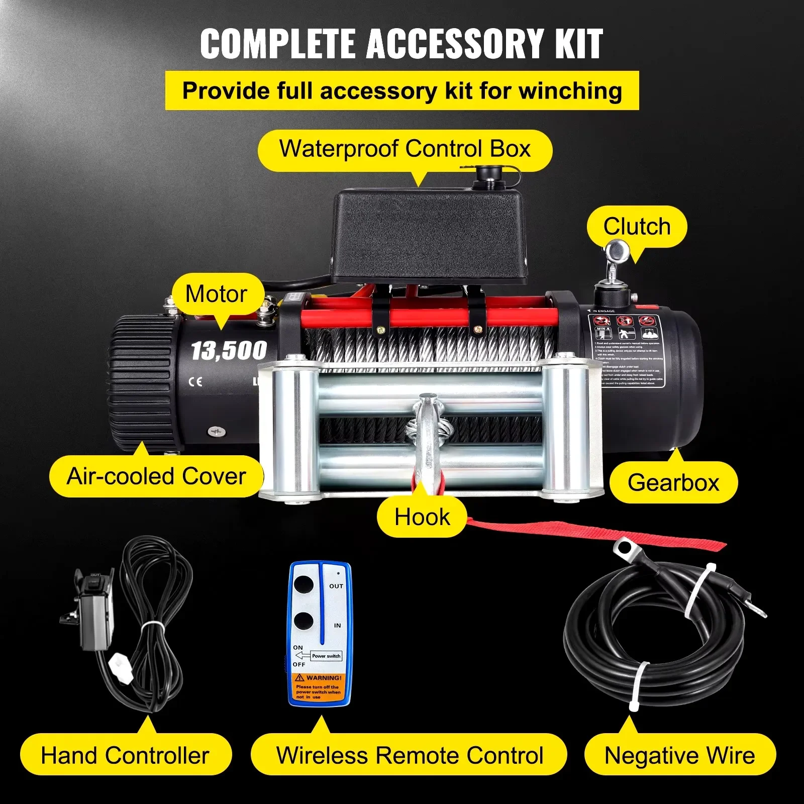 Cabrestante eléctrico de recuperación, 12v, 13500lb, con mango y Control remoto inalámbrico, Cable de acero fuerte de 92 pies