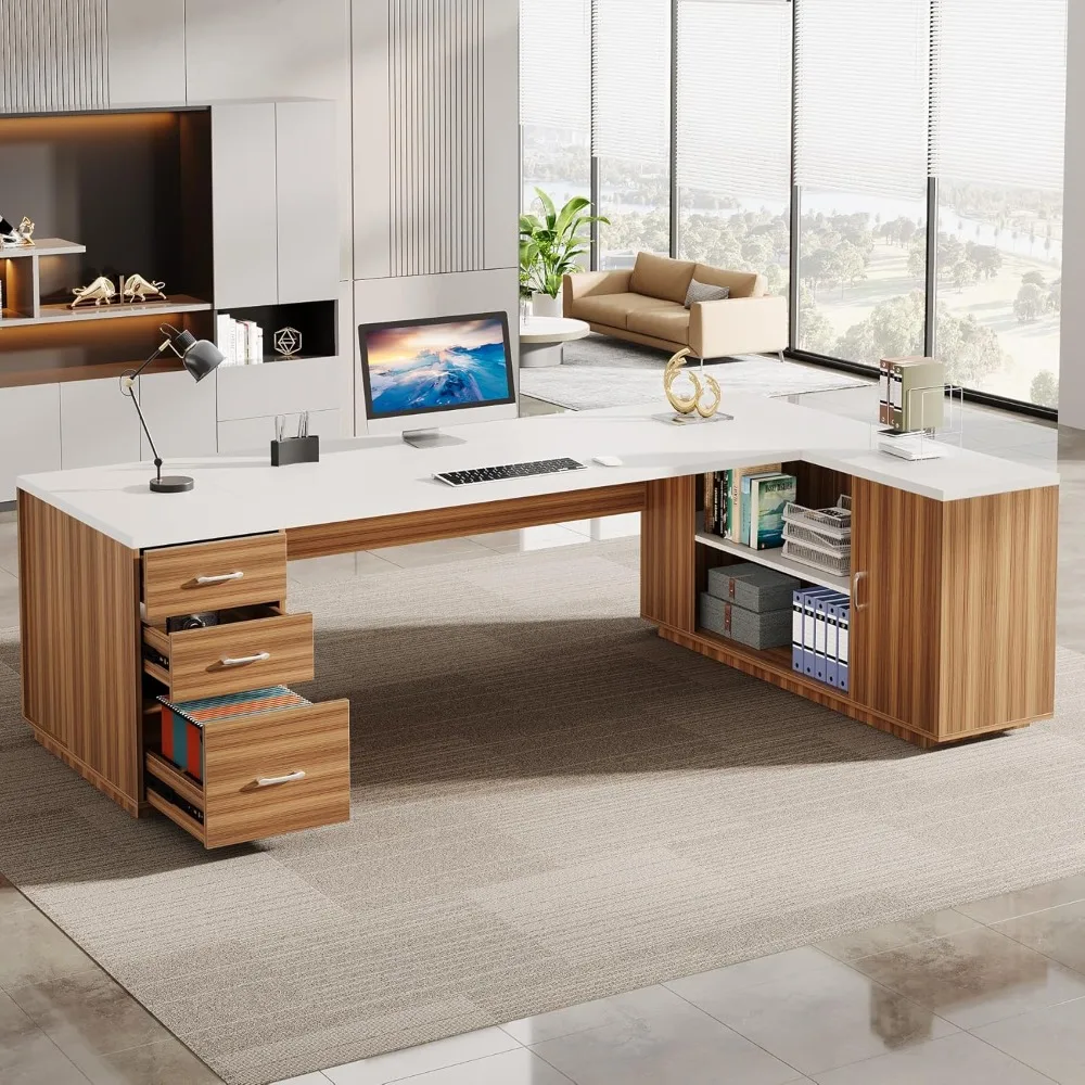 Large Modern L-Shaped Executive Office Desk with Storage, File Drawers