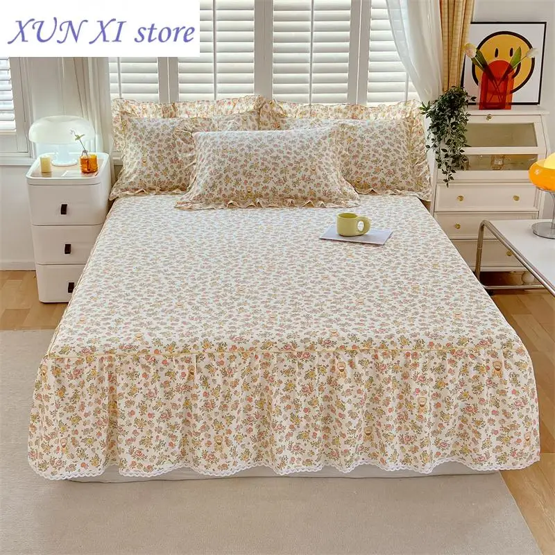 

New Cotton Bed Skirt colcha de cama queen Floral Style Bedspread Girls Room Lace Mattress Cover 120x200(Pillowcase Need Order)