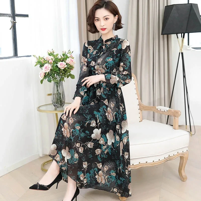 Autumn Attire Mom\'s Costume Chiffon Lotus Collar Long Printed Dress 2024 New Female Fashion Chiffon Floral Long Sleeved Dresses