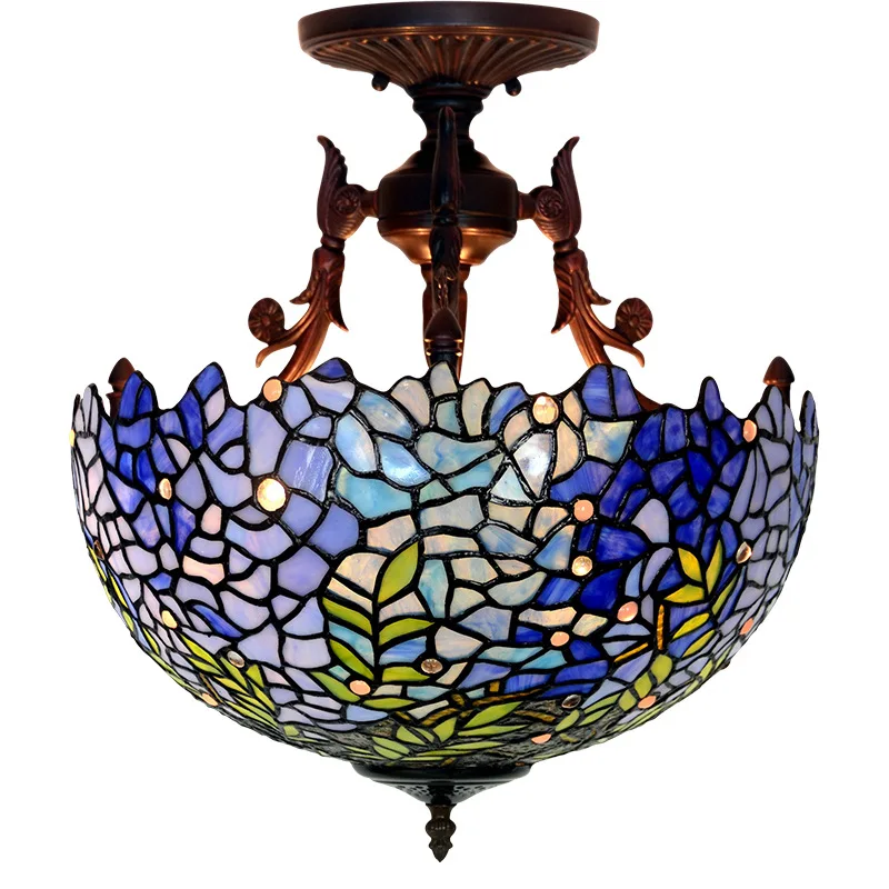 

European Wisteria Flowers Tiffany Ceiling Lamp Luxury Country Blue Purple Glass Foyer Bed Room Aisle Lighting Fixture D52303