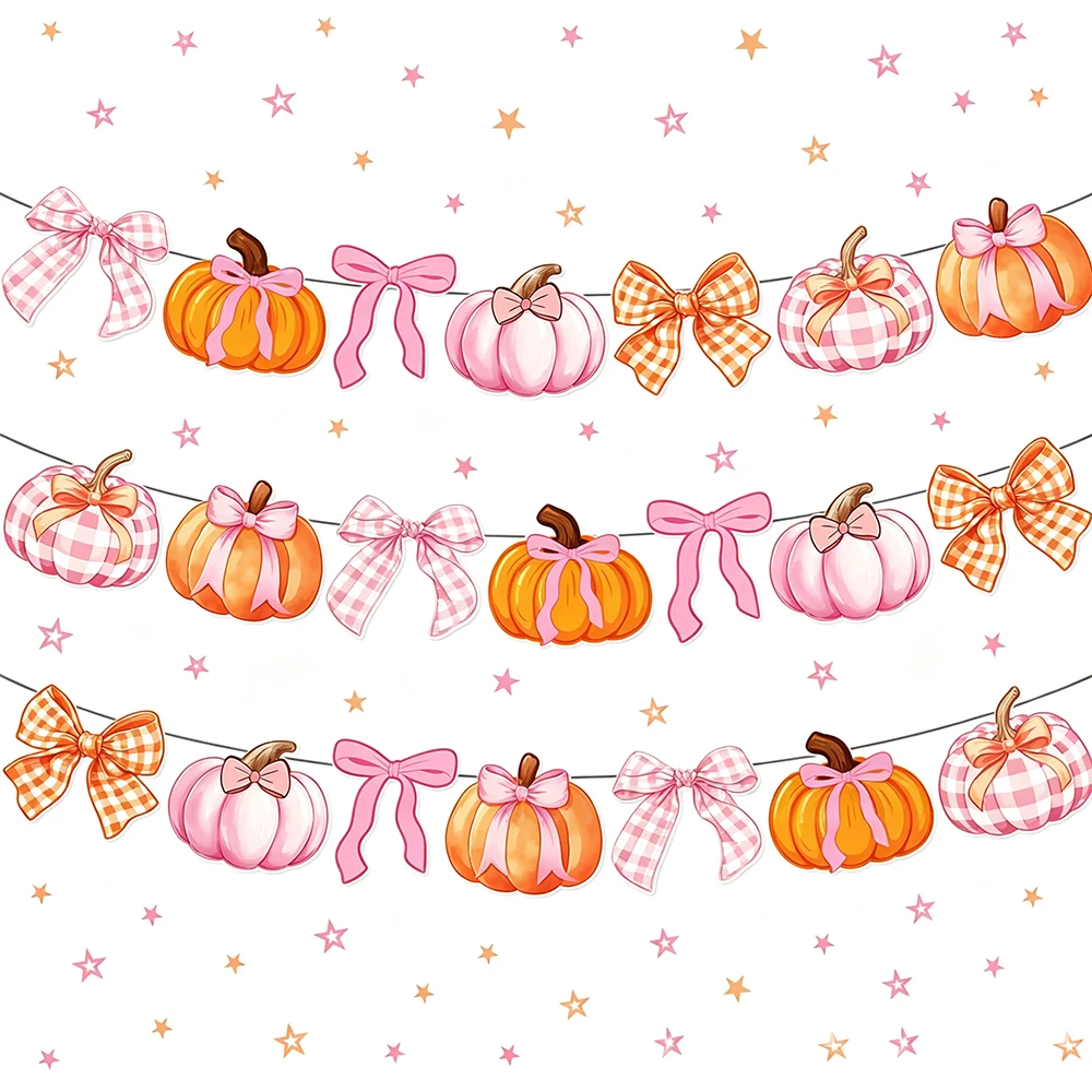 Rosa-orange Kürbisschleifen-Girlande, karierte Kürbisschleifen-Wimpelkette für Herbst- und Thanksgiving-Party-Wanddekoration