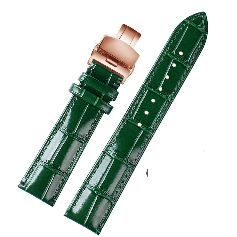 Weiches Rindsleder-Uhrenarmband mit Edelstahl-Schmetterlingsschnalle, 16 mm, 18 mm, 20 mm, 22 mm, grünes, glänzendes Band, Handgelenkgürtel, Unisex