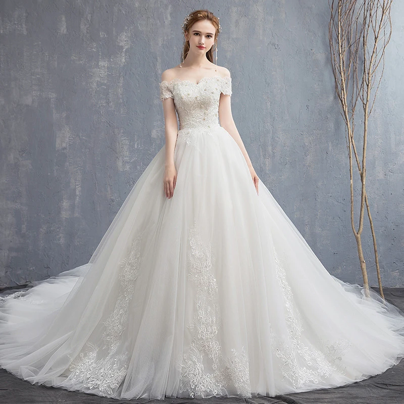 Vestido de noiva com renda floral appliqued, tanque linha A, elegante robe para casamento, pescoço de barco, vestido de noiva, 2024
