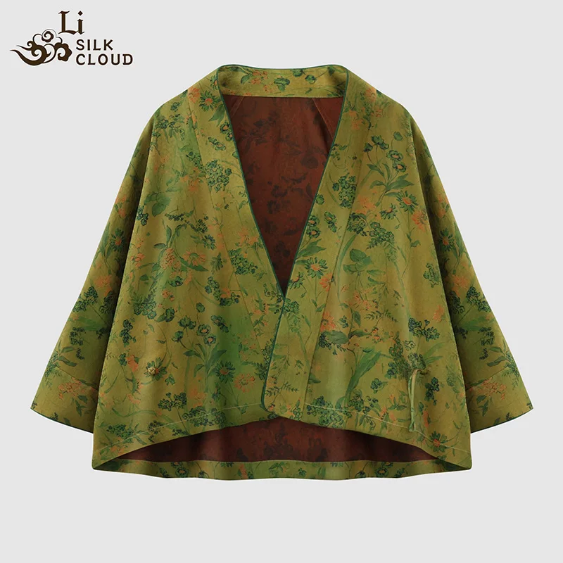 Handmade Traditional Silk New Xiangyunsha Coat-Chinese Style Li Silk Cloud Natural Dyed Gambiered Guangdong Silk Loose Outerwear