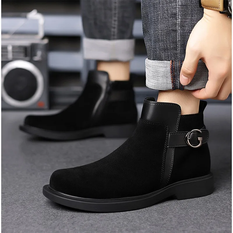 Botas de tornozelo de negócios de camurça de vaca retro para homens novo designer de sola macia sapatos de designer moda casual fivela chelsea botas masculinas