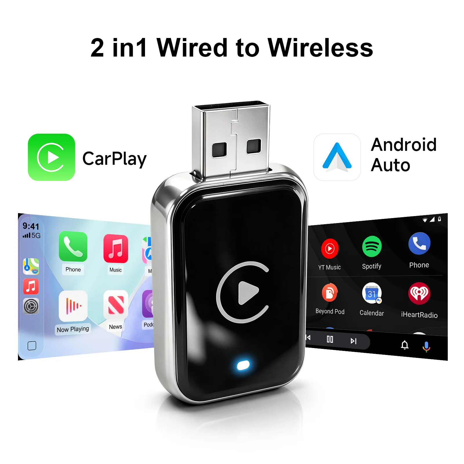 EzoneTronics Kabelloser CarPlay Android Auto Adapter für Werkskabelgebundene Fahrzeuge, Kabelloses CarPlay & Android Auto 2 in 1