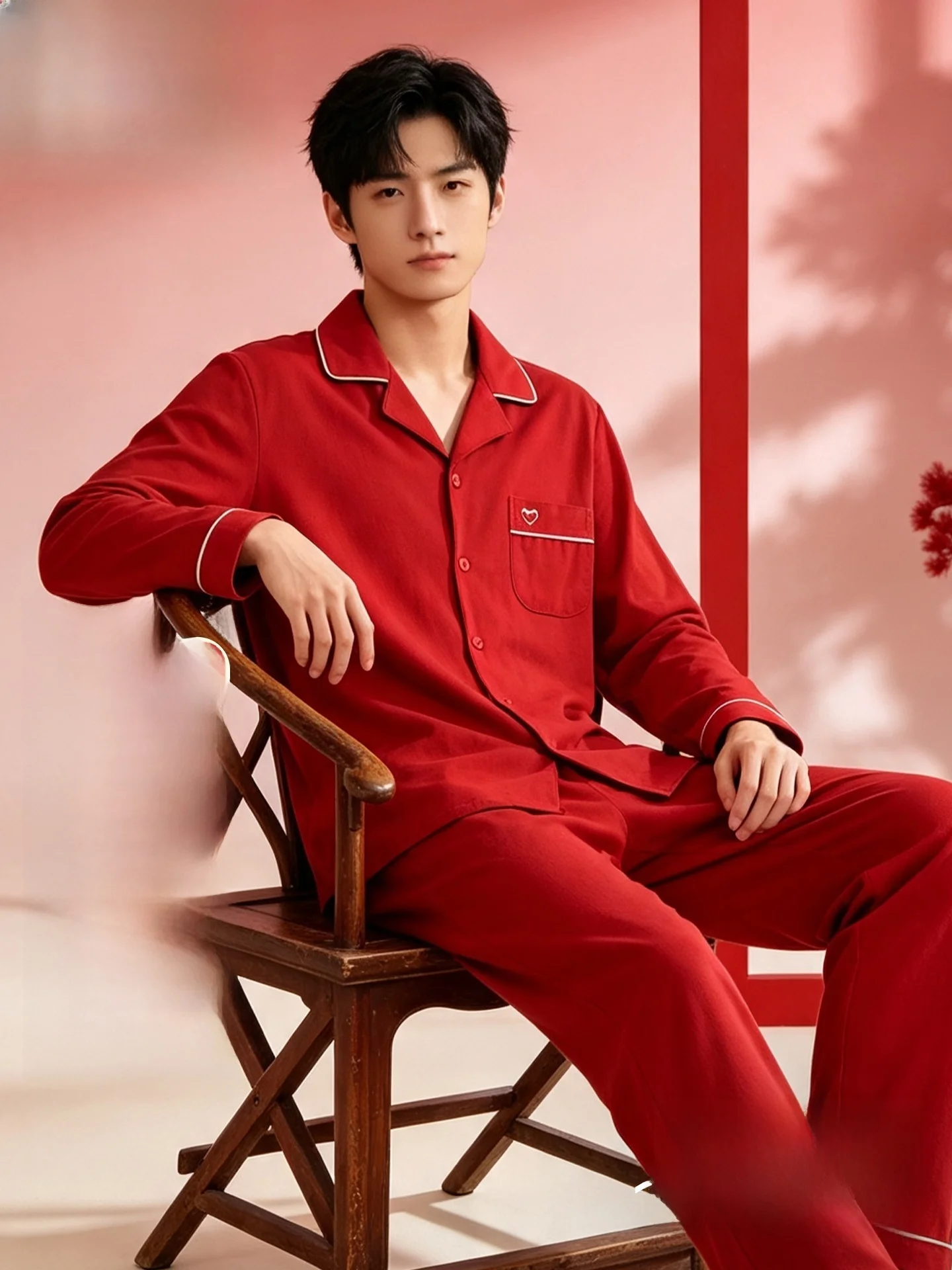 pyjama-rouge-en-pur-coton-a-manches-longues-pour-hommes-ensemble-de-vetements-de-maison-confortables-et-amples-style-decontracte-ideal-pour-l'automne
