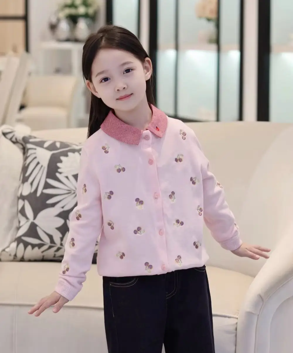 

Autumn baby girl clothes kids sweaters cherry pattern embroidery Pink knitted cardigan Girls' sweater coat