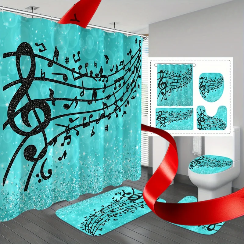 1/4pcs Teal Glitter Music Notes Bathroom Essentials Set: Waterproof Shower Curtain with 12 Hooks, Non-Slip Bathroom Rug, Toilet