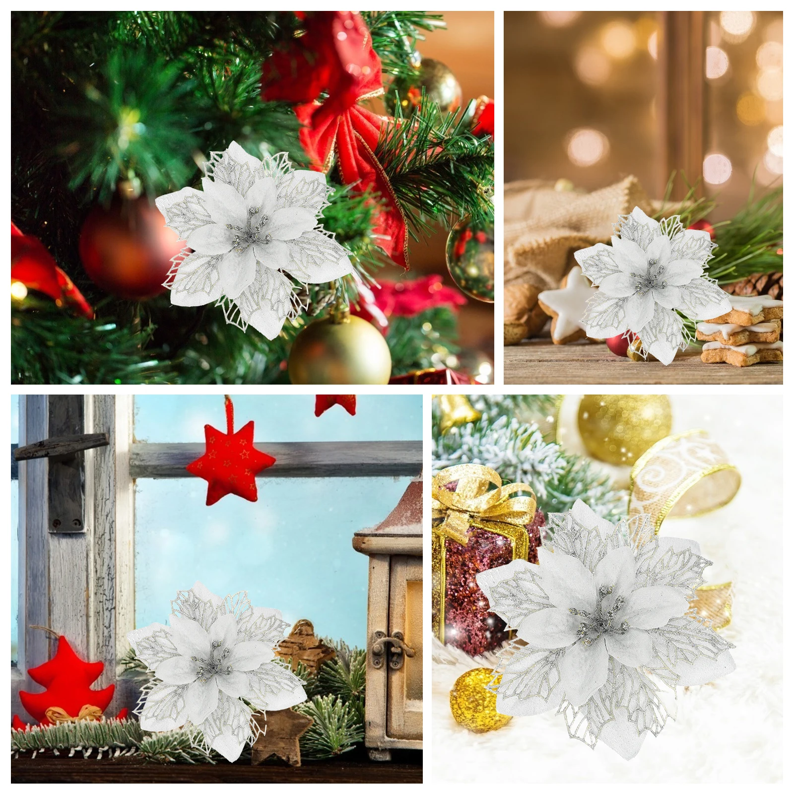 

Baubles Christmas Decorations Flower Party Adornment Artificial Flowers LED Silver Plastic