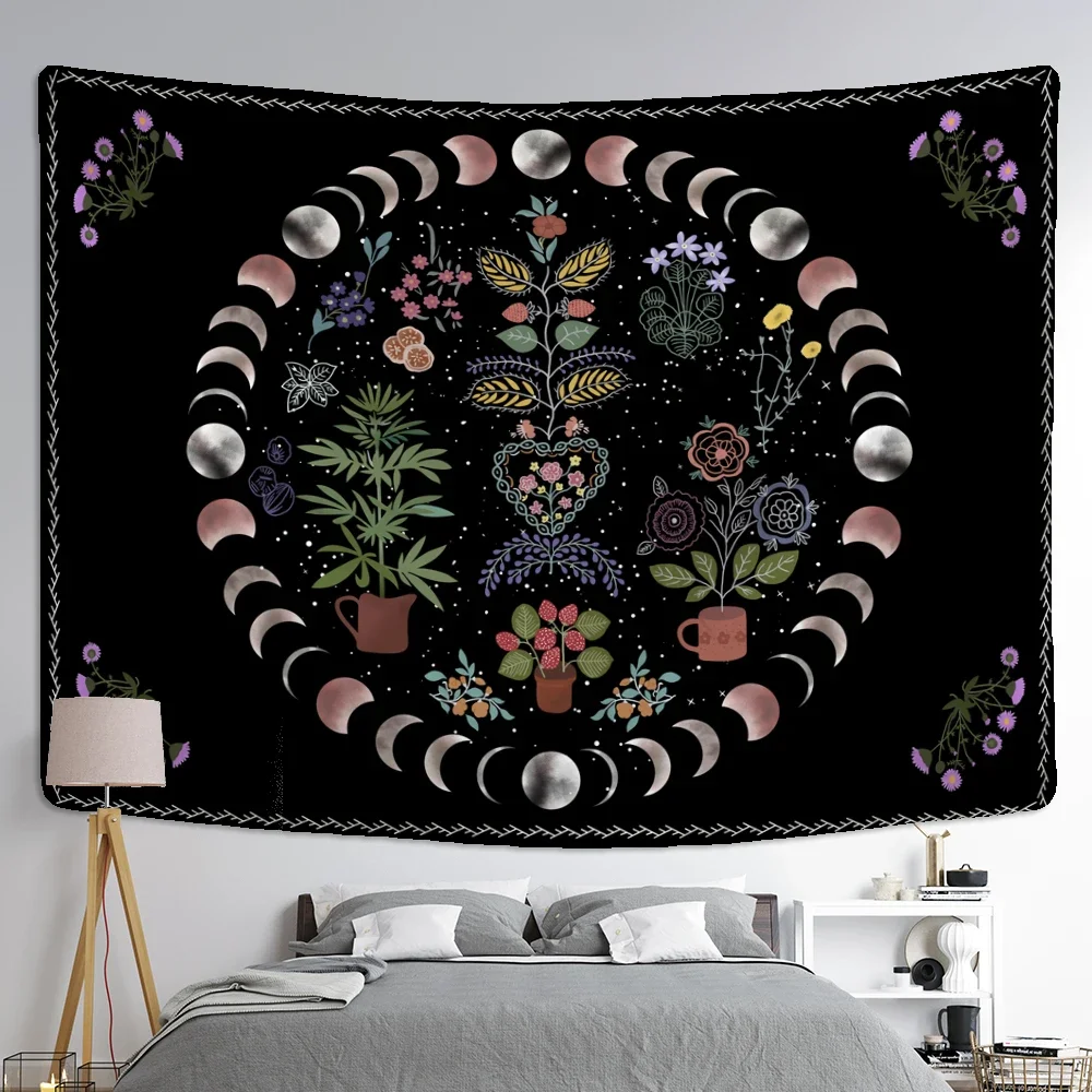 Moon Phase Tapestry Wall Hanging Plants Celestial Flowers Starry Sky Bohemian Witchcraft Hippie Home Decor