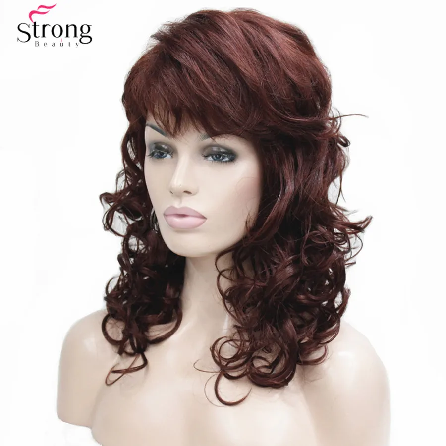 Women\'s  Medium length Wigs Long Dark Auburn Wig Wavy Oblique Bangs Synthetic Hair full Wig For Women