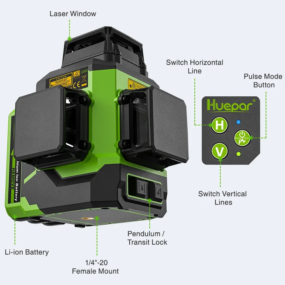 Huepar 3D Rotary Cross Beam Laser Level LS03CG With BT Function