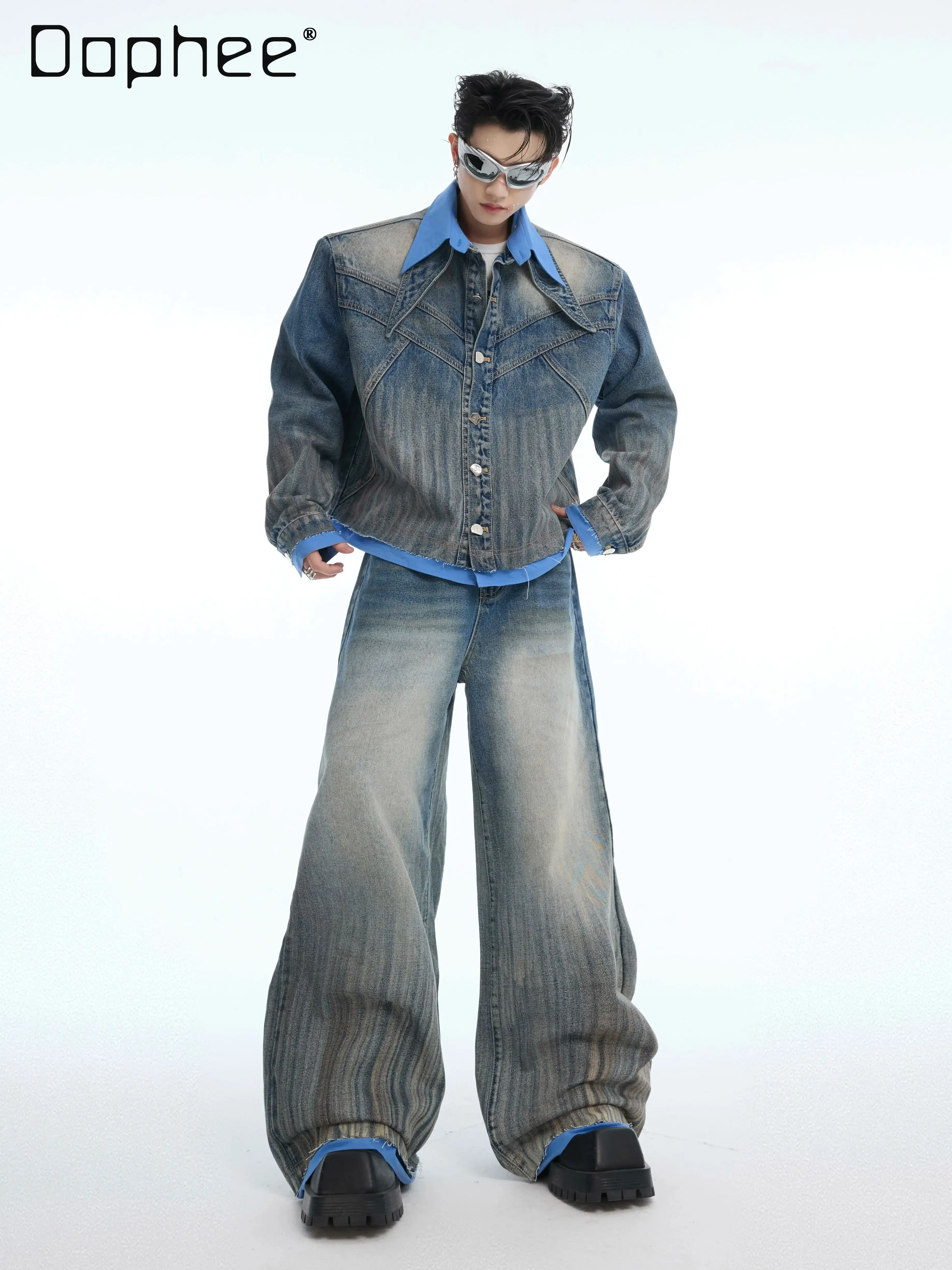 

Spring Autumn Retro Men's Fake Two-Piece Deconstructed Blue Denim Jacket High-Waisted Loose Casual Straight-Leg Wide-Leg Jeans