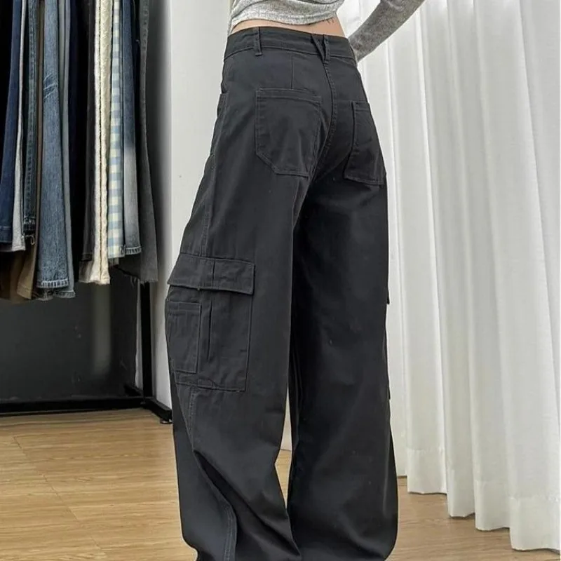 

Прямые брюки-карго в американском стиле ретро с несколькими карманами, женские летние новые стильные свободные утягивающие универсальные широкие брюки с высокой талией