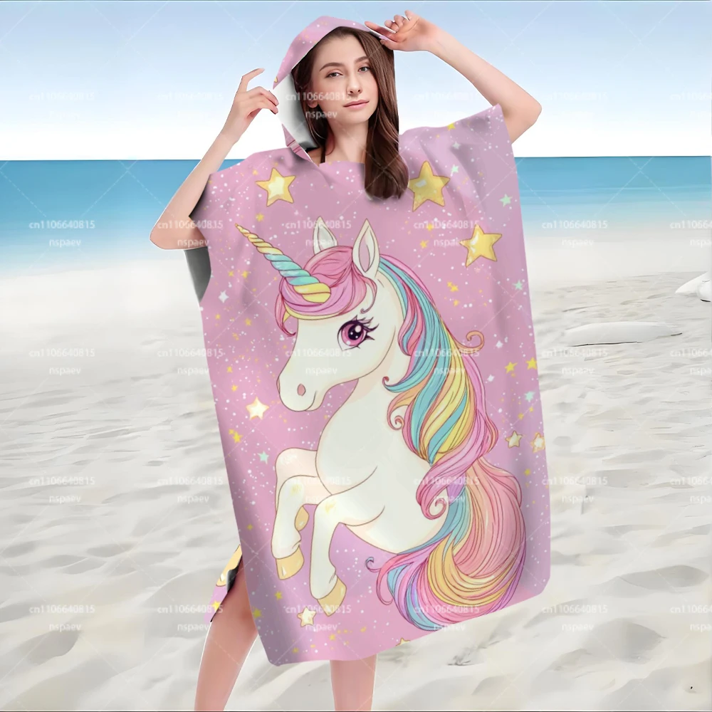 Cute Pink Unicorn Star Hooded Bath Robe with Snap Buttons for Women & Kids, Soft Absorbent Wearable Bath Towel for Shower Spa view 4