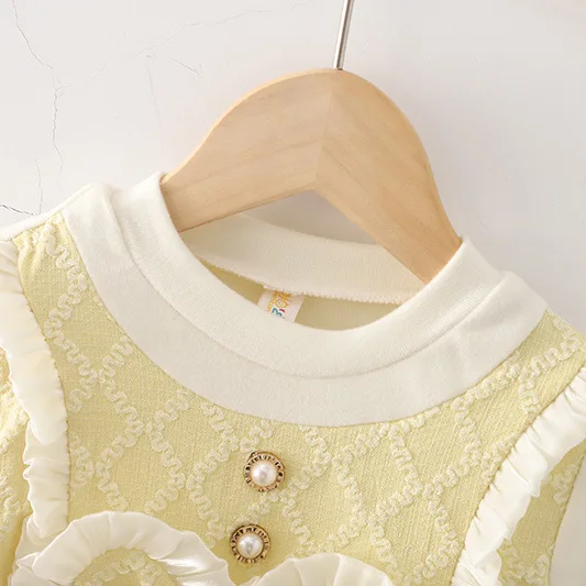 Autumn Winter New Girls Dress Round Neck Long Sleeve Lantern Under Bow Lace Pleated Delicate Buttons Fake Two Dresses