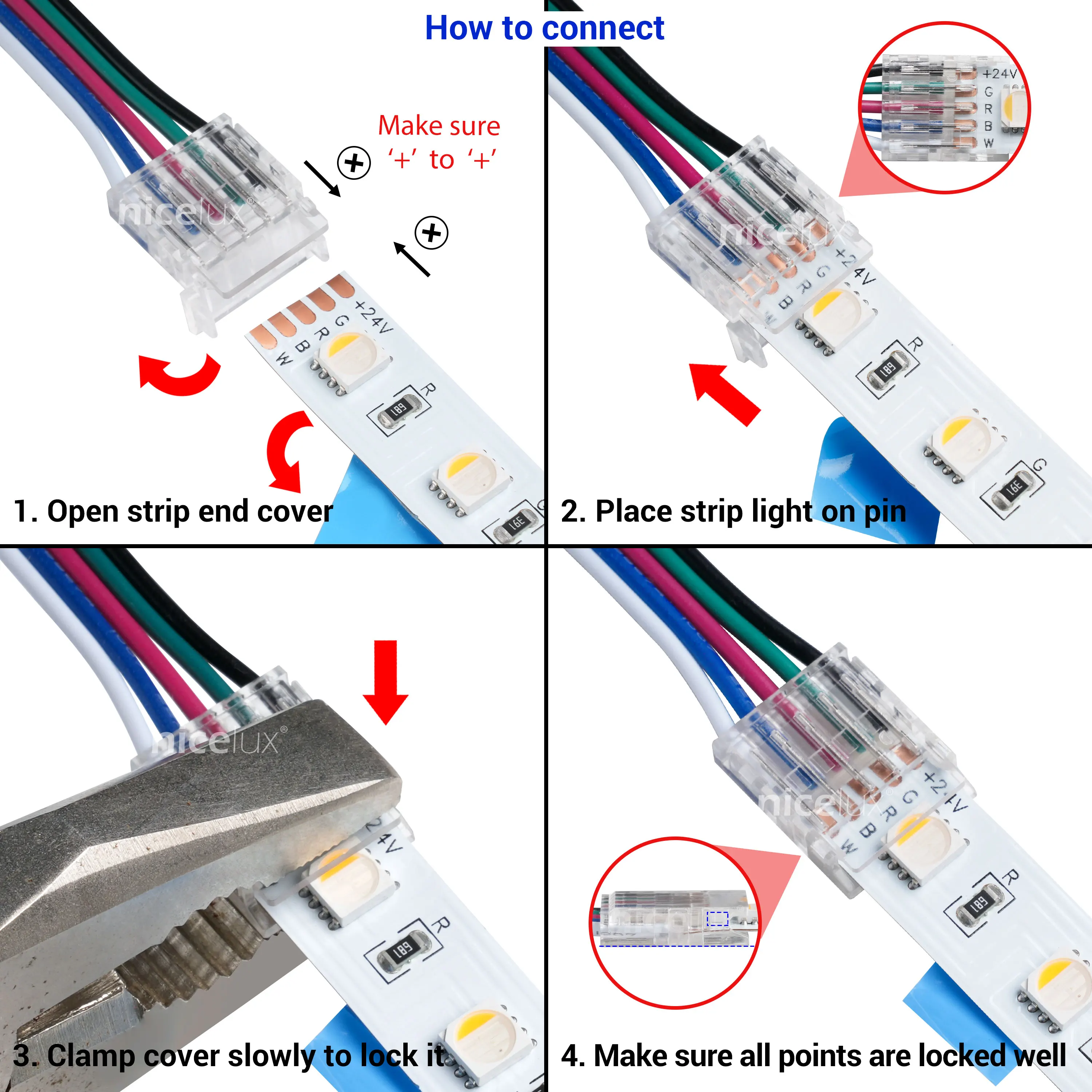 LED Light Connections Cable RGBW Wire To Board Connectors For 5 Pin 8mm 10mm 12mm Wide 5050 SMD FCOB LED Strip Clip-On Couplers