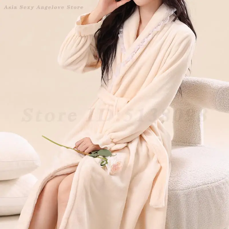 

Flannel Female Robe Sleepwear Autumn Winter Nightgown Sexy Lace Bathrobe Kimono Gown Thick Warm Nightwear Home Wear Loungewear