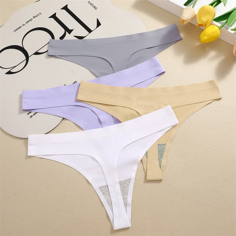 FINETOO 3PCS Seamless Female Thongs Sexy Women\'s Panties Silk Satin Underwear G-Strings Low-Rise Invisible Underpants T-Back Hot