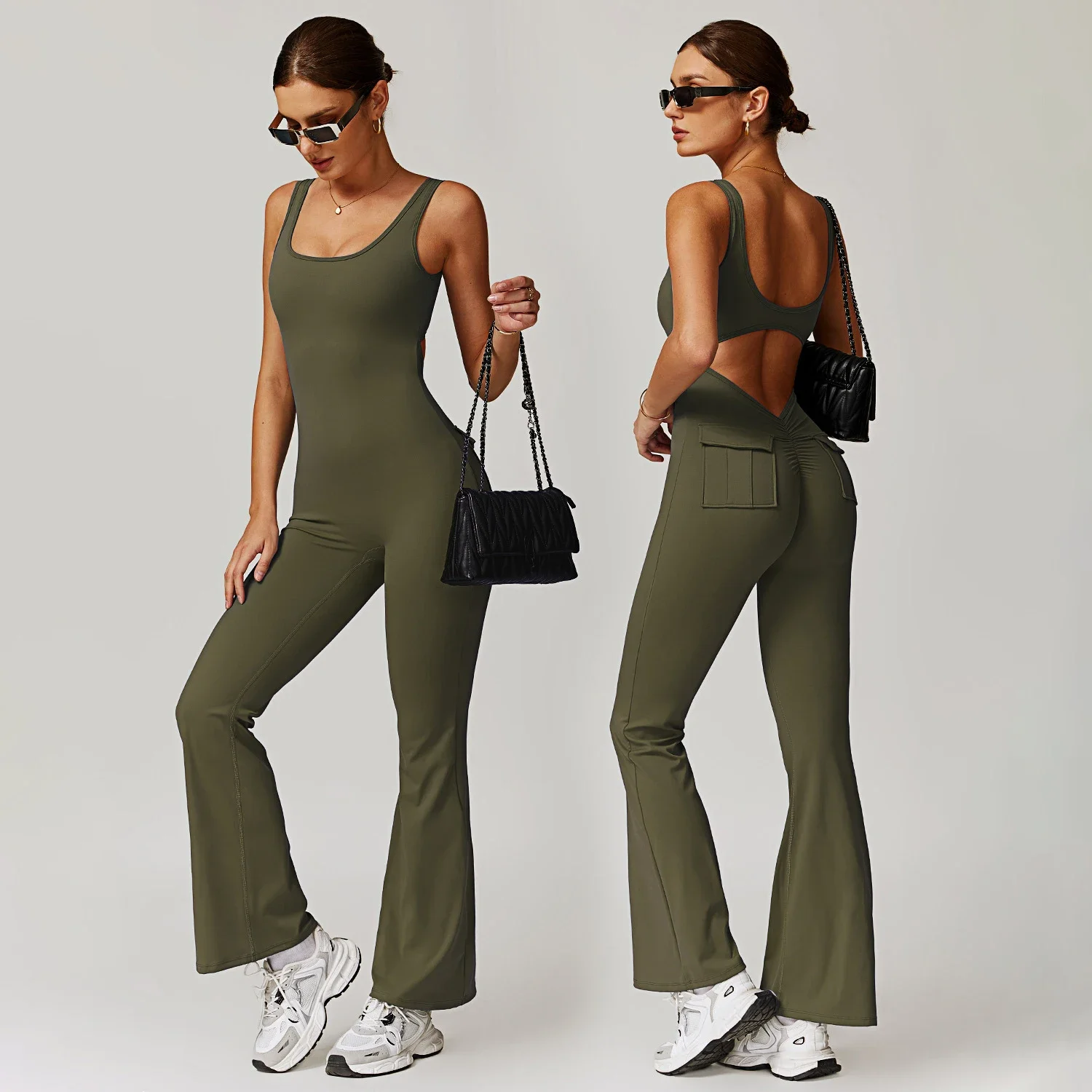 Hollow Out Back Yoga Jumpsuit Hip Lift Backless Workwear Multi Pocket Casual Flared Pants Gym Running Quick Dry Fitness Clothing