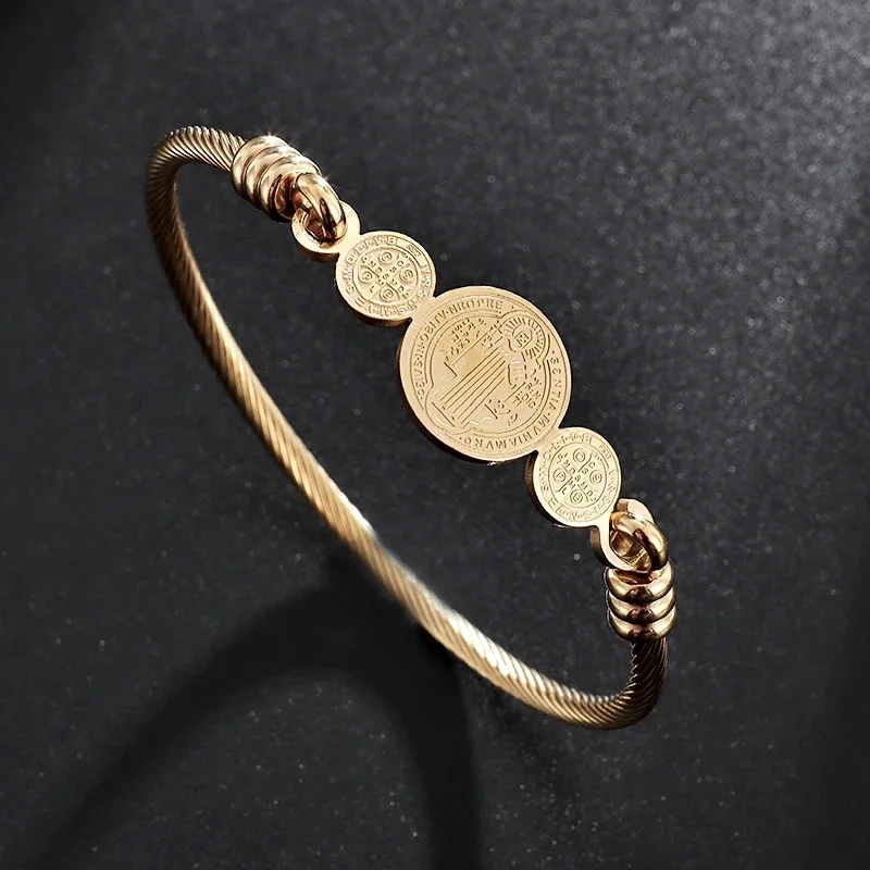 Stainless Steel Saint Benito Cross Bracelet for Men Women Christian Jewelry San Benito Cuff Bracelet Memorial Gift image 3