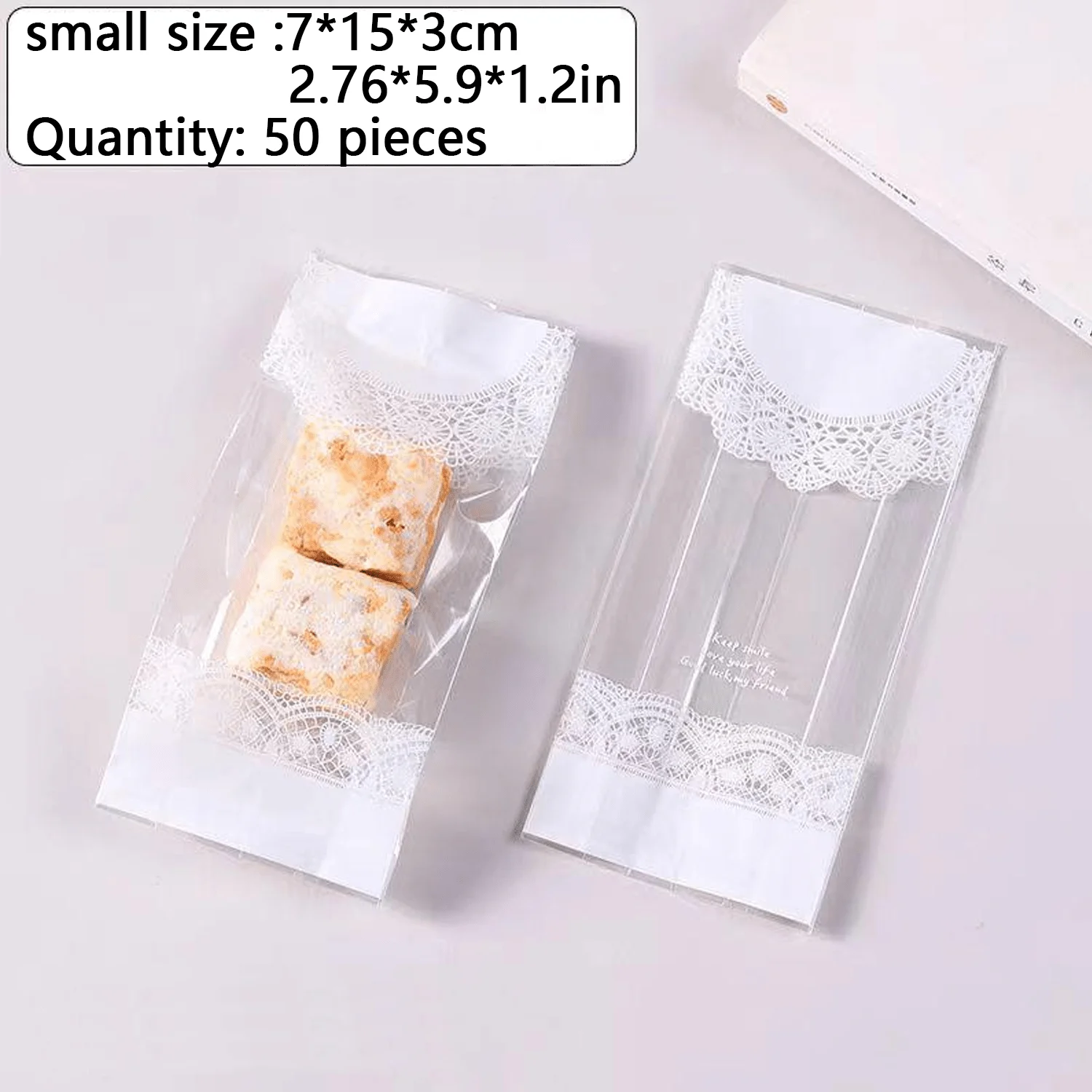 

100 Pack Lace Clear Treat Bags, 2 Sizes Plastic Cookie Bags with White Lace Trim & Thank You Stickers, Transparent Pastry Bags for Cookies, Macarons, Bread, Candy, Chocolate, Snacks, Party Favors, Wedding, Birthday, Holiday, Home Baking & Dessert