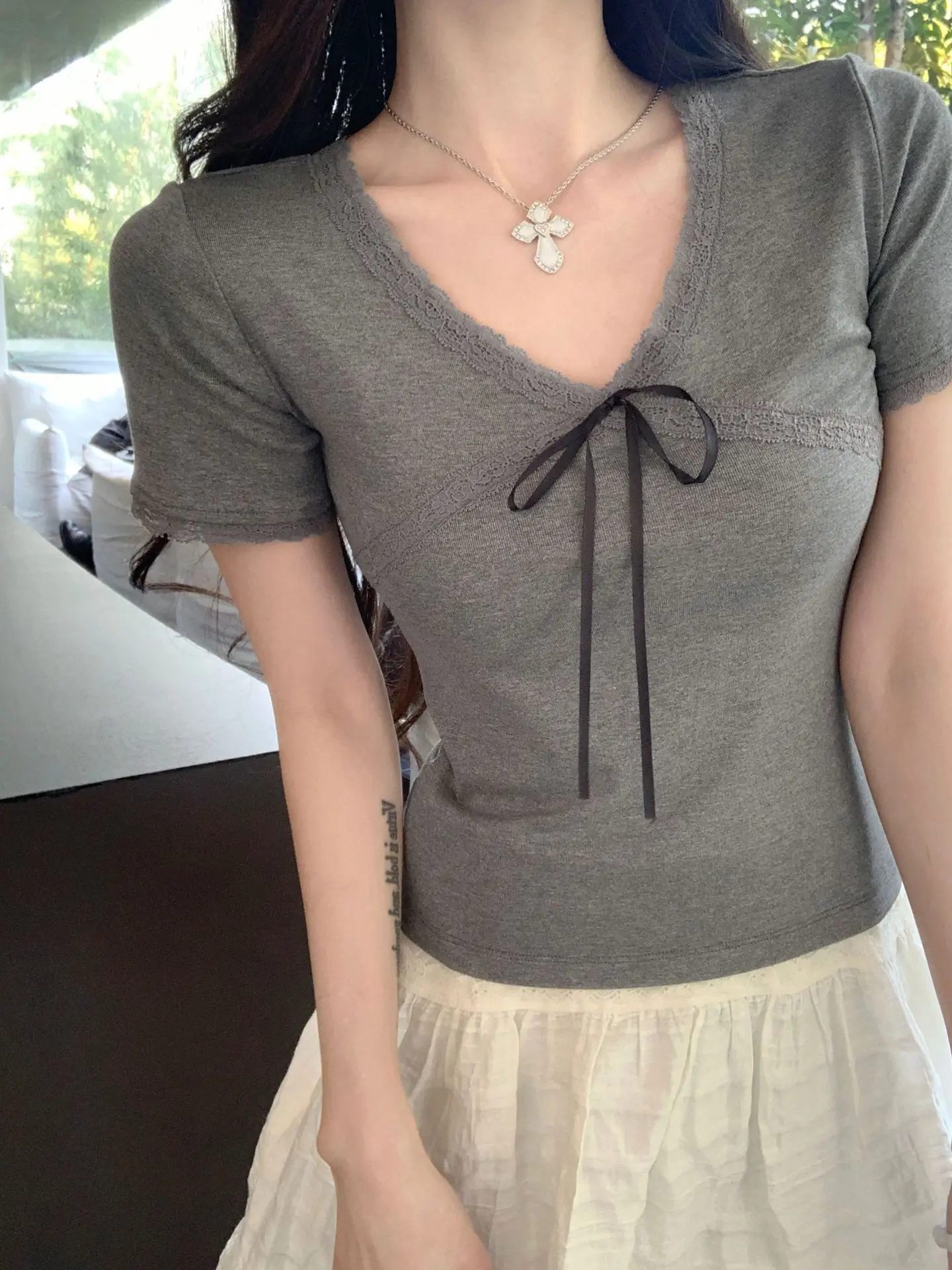 

Sweet V-neck Lace Short-sleeved T-shirt Women Slim-fit, Straight-shoulder, Cropped Top Soft Stretchy